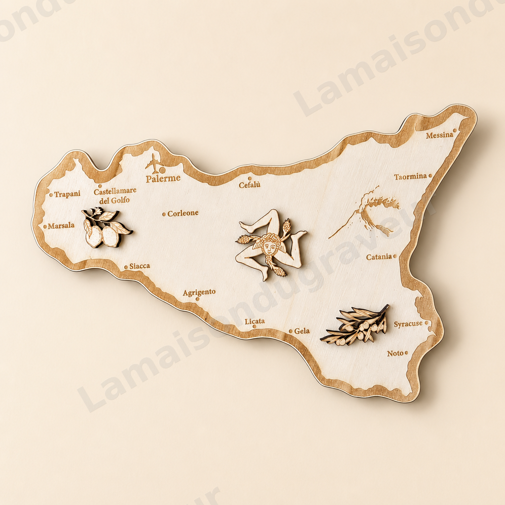 Carte de la Sicile en bois personnalisée