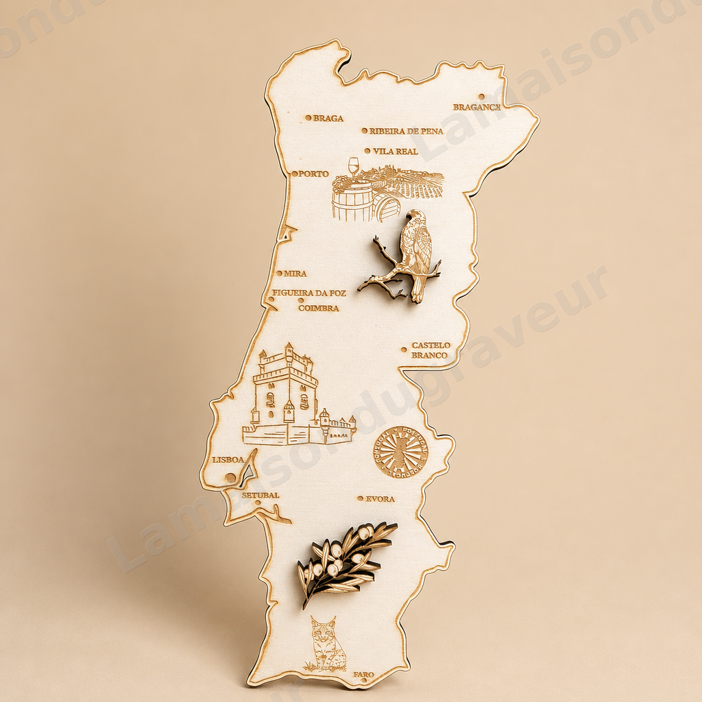 Carte du Portugal en bois personnalisée
