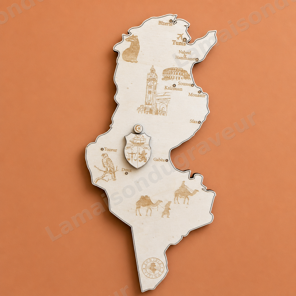 Carte de Tunisie en bois personnalisée