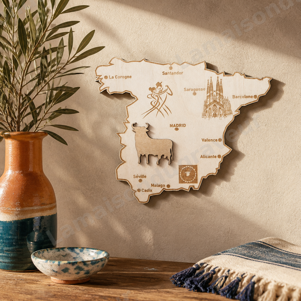L’Espagne – Carte murale en bois personnalisée