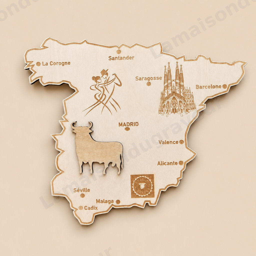 L’Espagne – Carte murale en bois personnalisée