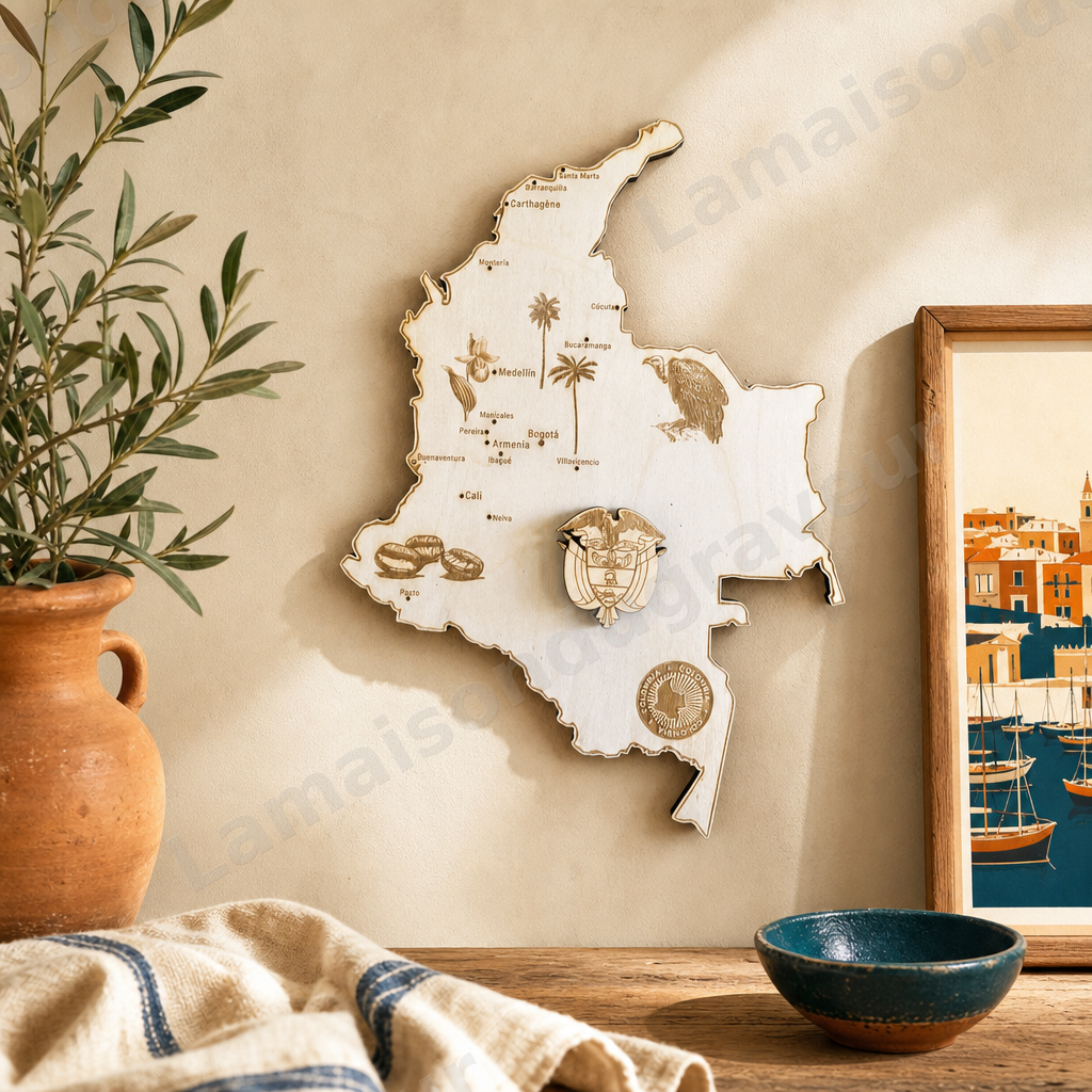 Carte de la Colombie en bois gravé