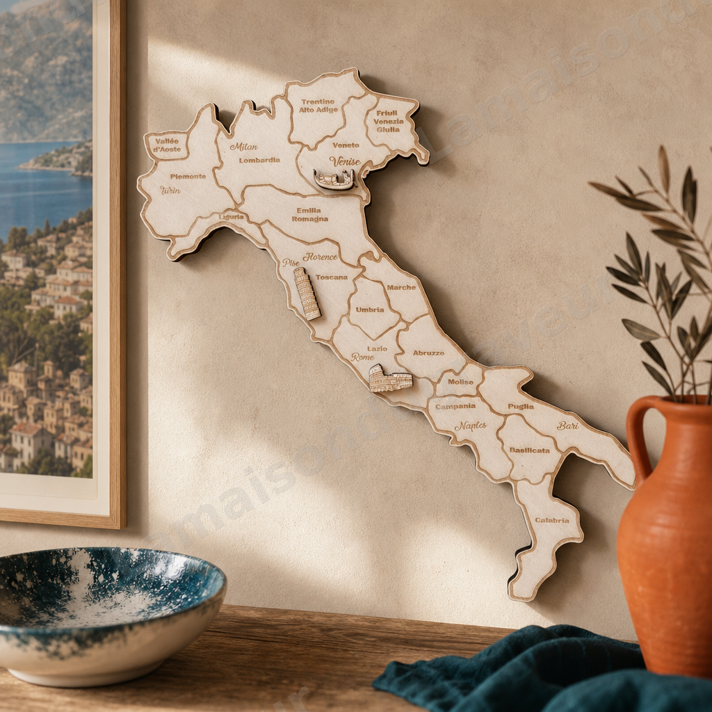 Carte d’Italie en bois gravé personnalisable