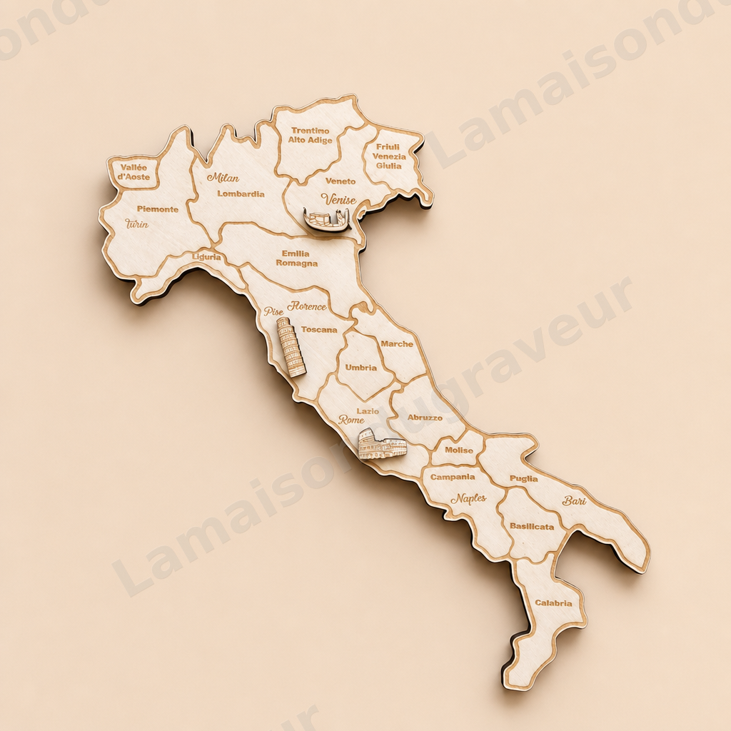 Carte d’Italie en bois gravé personnalisable