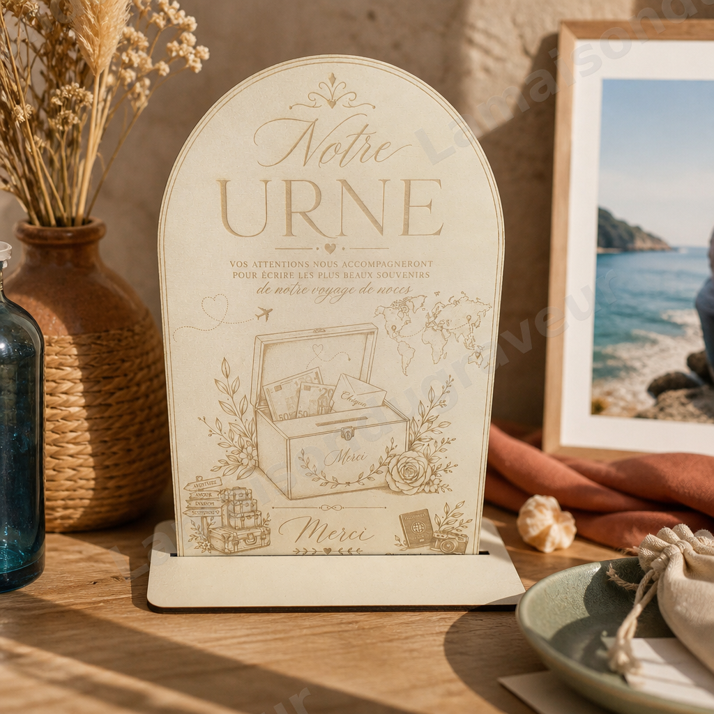 Pancarte d’urne de mariage en bois gravé