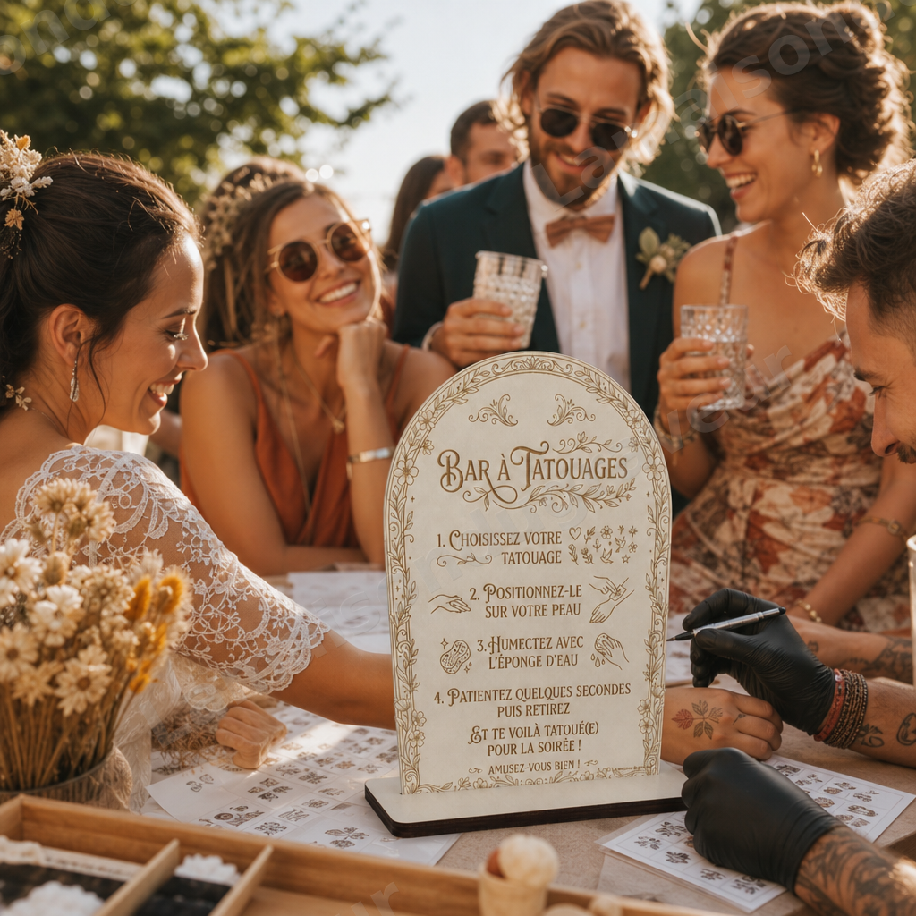 Pancarte Bar à tatouages en bois gravé