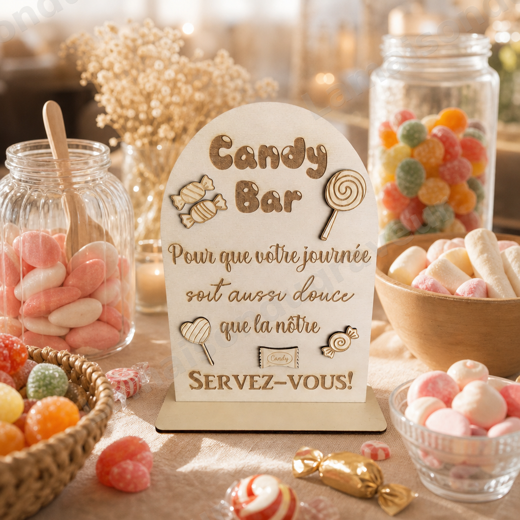 Pancarte Candy Bar en bois gravé avec socle