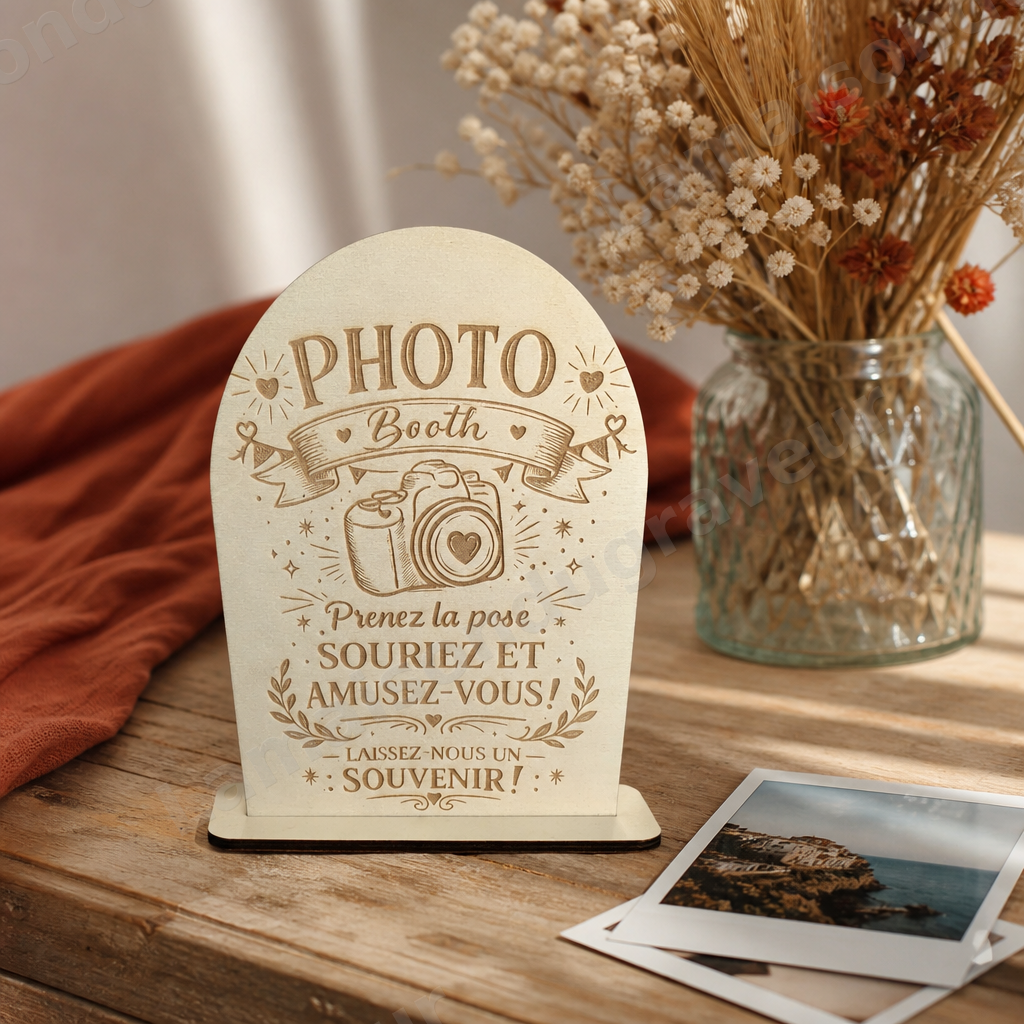 Pancarte Photo Booth en bois gravé
