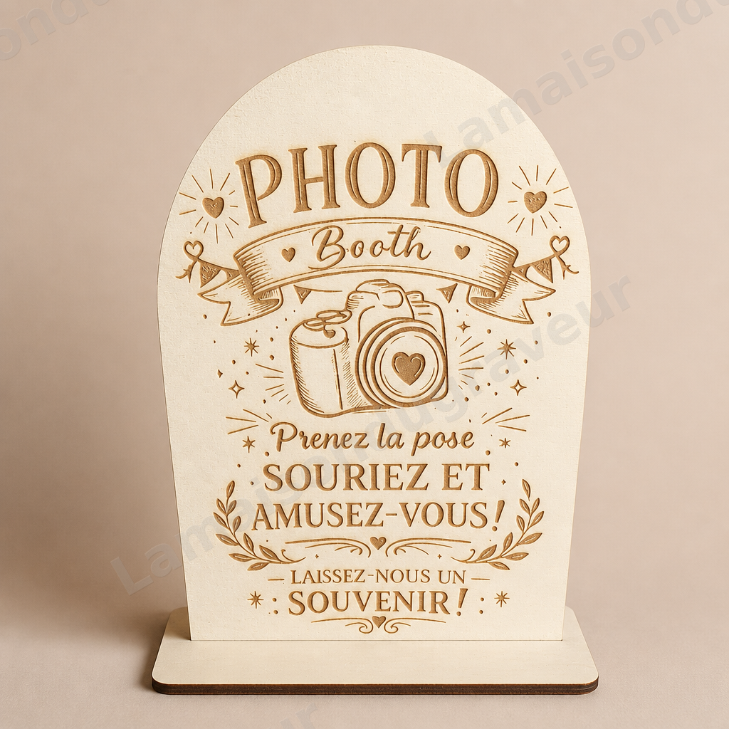 Pancarte Photo Booth en bois gravé