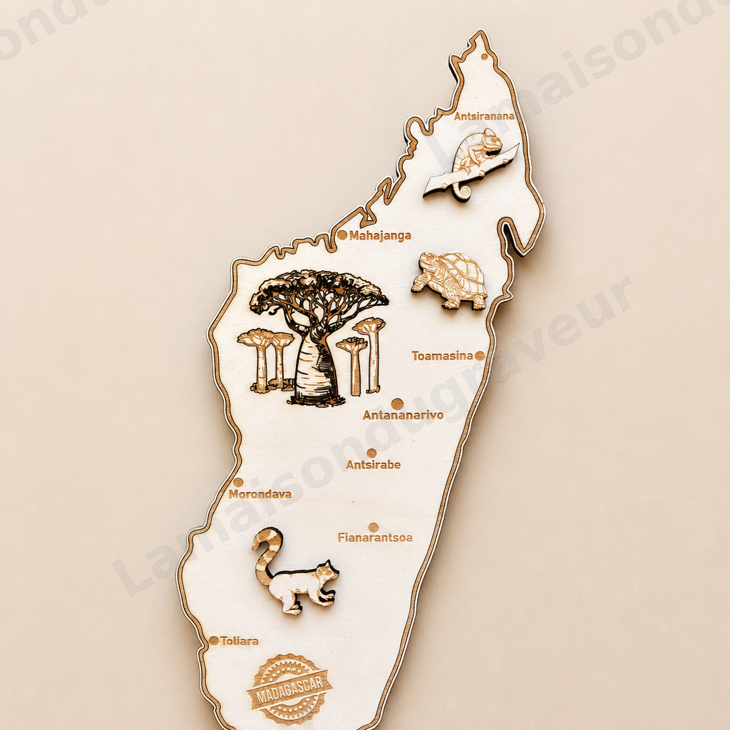 Carte de Madagascar en bois personnalisée